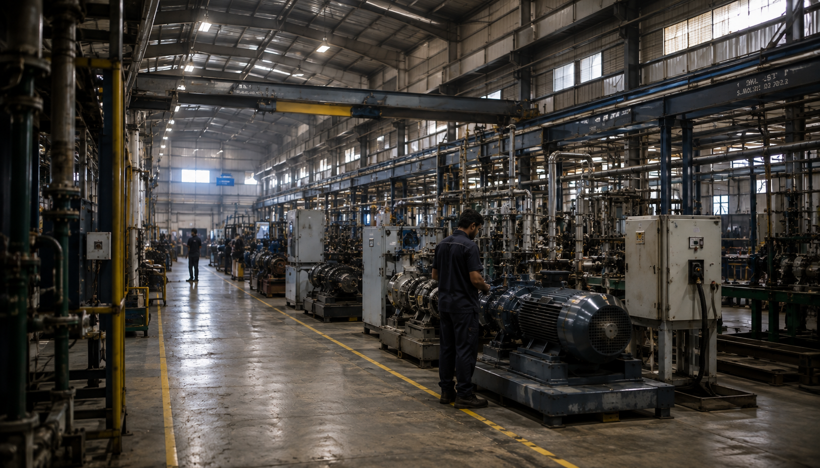 Technician inspecting industrial pump and motor equipment on a manufacturing plant floor