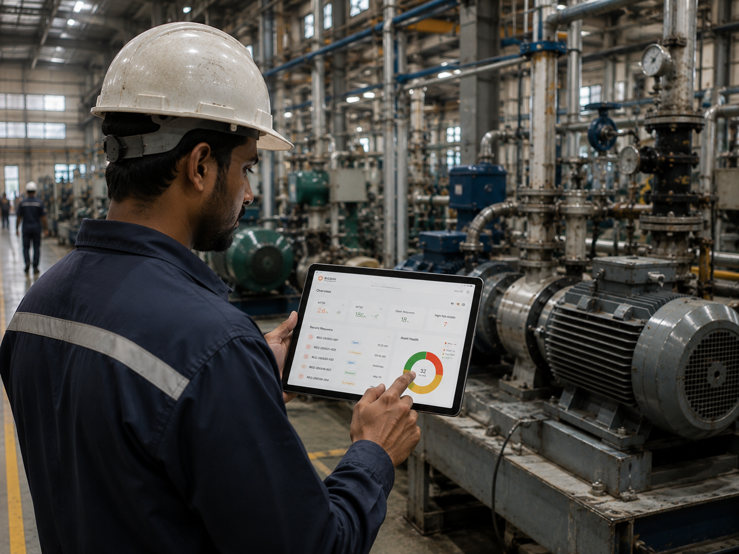 Technician on a plant floor holding a tablet with the BODHI app open, standing next to industrial pump equipment